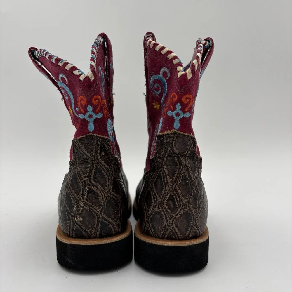 Ariat Cowboy Boots Girls Size 2.5 Brown Pink Embroidered‎ Round Toe Western